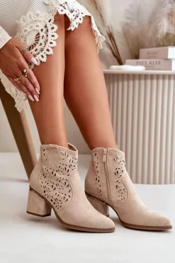 Outlet Boto Ażurowe Botki Kowbojki Na Słupku Zapinane Na Zamek Beżowe Vosilara