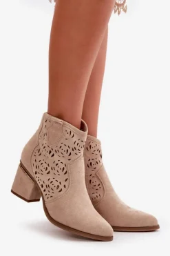 Outlet Boto Ażurowe Botki Kowbojki Na Słupku Zapinane Na Zamek Beżowe Vosilara
