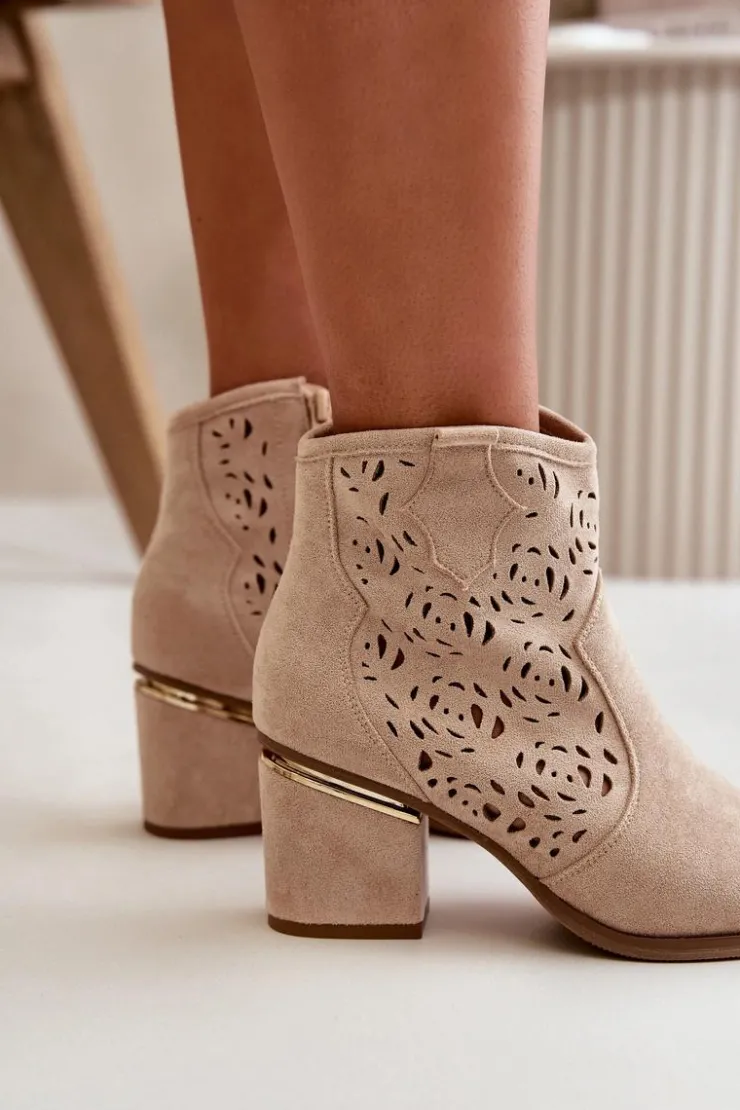 Outlet Boto Ażurowe Botki Kowbojki Na Słupku Zapinane Na Zamek Beżowe Vosilara