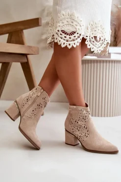 Outlet Boto Ażurowe Botki Kowbojki Na Słupku Zapinane Na Zamek Beżowe Vosilara
