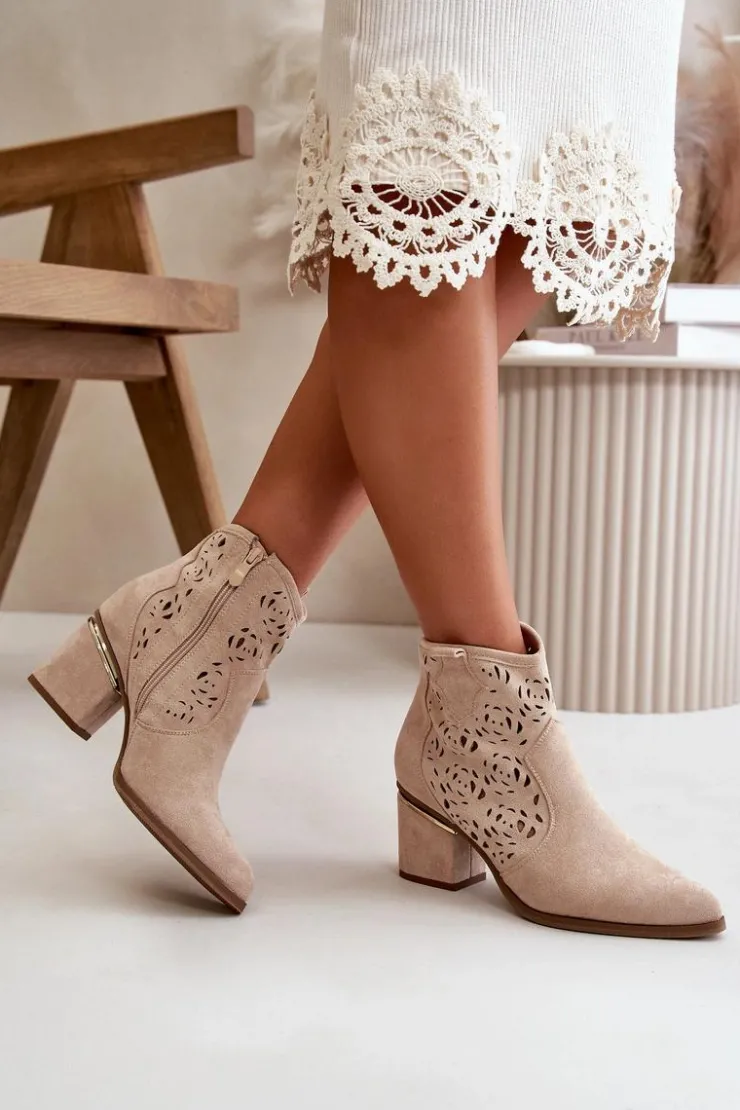 Outlet Boto Ażurowe Botki Kowbojki Na Słupku Zapinane Na Zamek Beżowe Vosilara