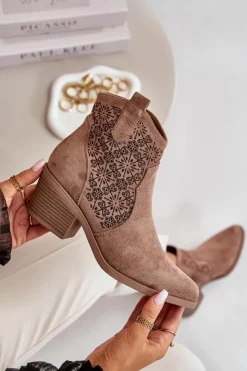 Damskie Damskie buty S.Barski Ażurowe Botki Kowbojki Na Zamek Eko Zamszowe Brązowe S.Barski HY42-944