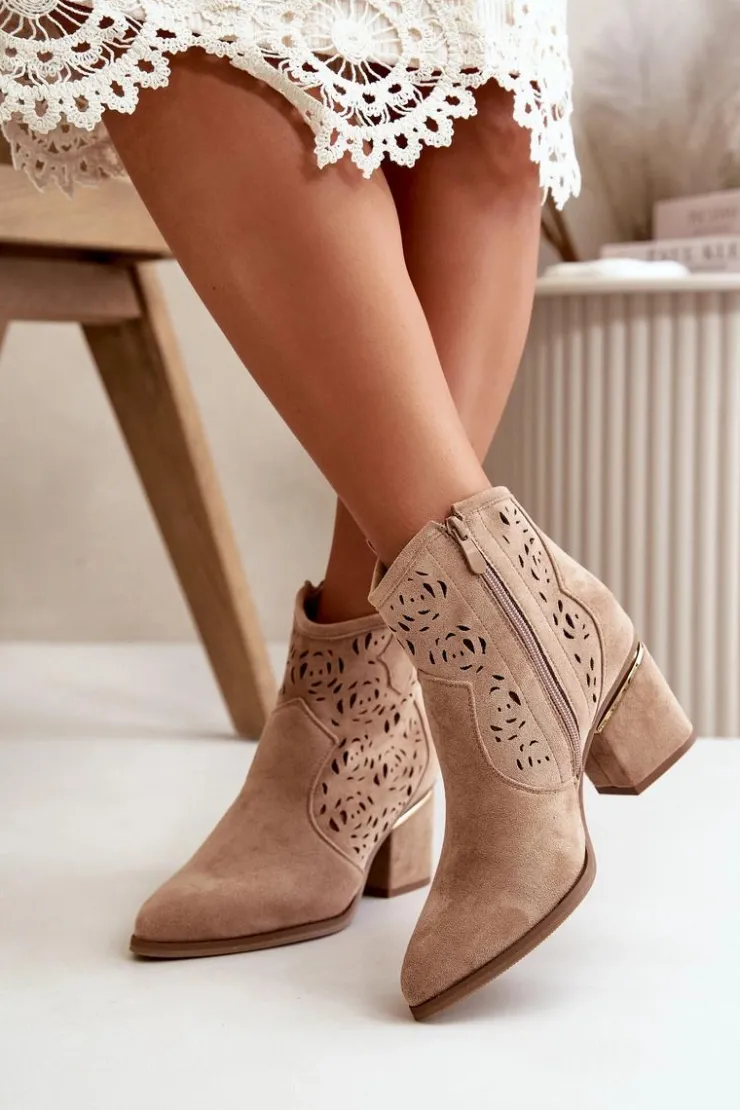 Boto Botki Na Słupku|Botki Ażurowe*Ażurowe Botki Kowbojki Na Słupku Zapinane Na Zamek Brązowe Vosilara