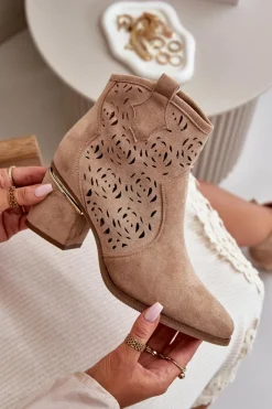 Boto Botki Na Słupku|Botki Ażurowe*Ażurowe Botki Kowbojki Na Słupku Zapinane Na Zamek Brązowe Vosilara