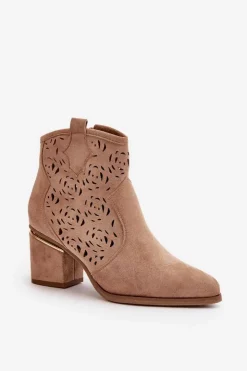 Boto Botki Na Słupku|Botki Ażurowe*Ażurowe Botki Kowbojki Na Słupku Zapinane Na Zamek Brązowe Vosilara