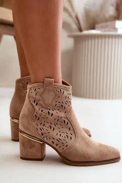 Boto Botki Na Słupku|Botki Ażurowe*Ażurowe Botki Kowbojki Na Słupku Zapinane Na Zamek Brązowe Vosilara