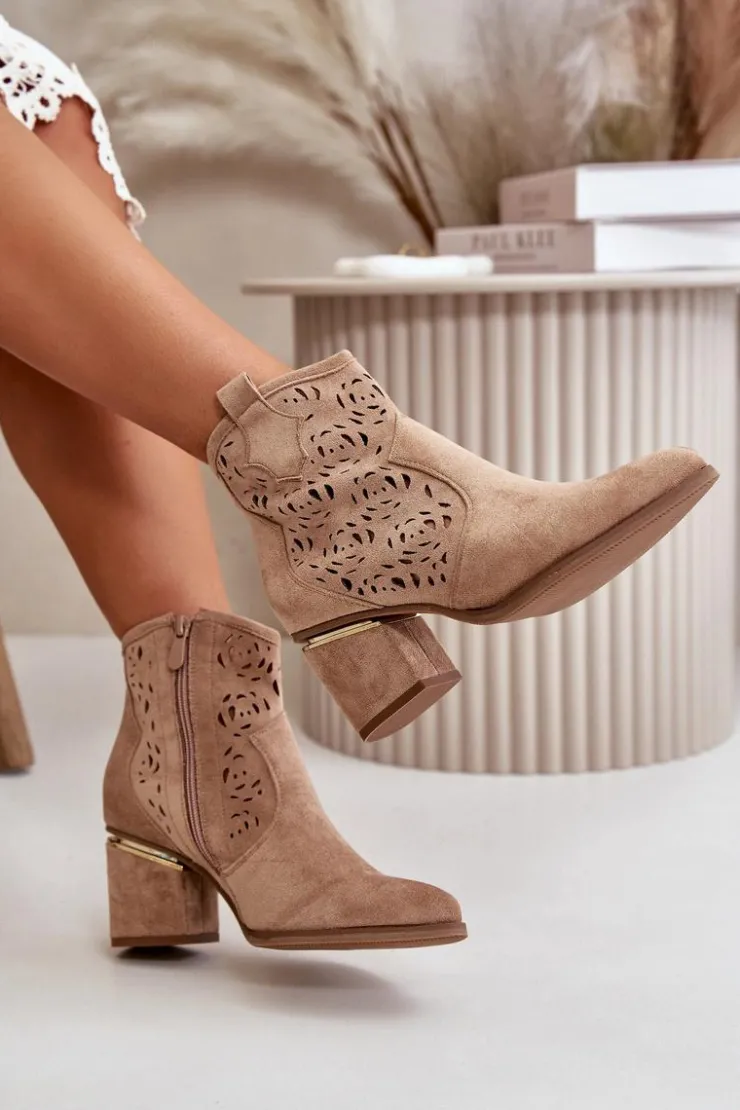 Boto Botki Na Słupku|Botki Ażurowe*Ażurowe Botki Kowbojki Na Słupku Zapinane Na Zamek Brązowe Vosilara
