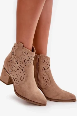 Boto Botki Na Słupku|Botki Ażurowe*Ażurowe Botki Kowbojki Na Słupku Zapinane Na Zamek Brązowe Vosilara