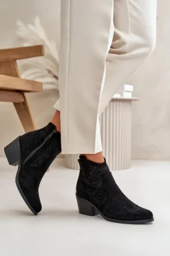 Damskie Damskie buty S.Barski Ażurowe Botki Kowbojki Na Zamek Eko Zamszowe Czarne S.Barski HY42-944