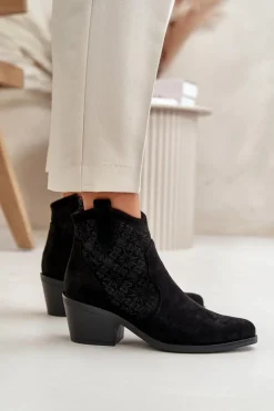 Damskie Damskie buty S.Barski Ażurowe Botki Kowbojki Na Zamek Eko Zamszowe Czarne S.Barski HY42-944