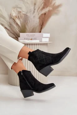 Damskie Damskie buty S.Barski Ażurowe Botki Kowbojki Na Zamek Eko Zamszowe Czarne S.Barski HY42-944