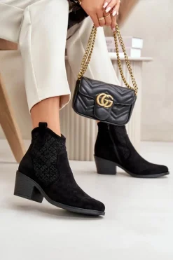 Damskie Damskie buty S.Barski Ażurowe Botki Kowbojki Na Zamek Eko Zamszowe Czarne S.Barski HY42-944