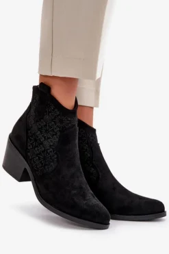 Damskie Damskie buty S.Barski Ażurowe Botki Kowbojki Na Zamek Eko Zamszowe Czarne S.Barski HY42-944