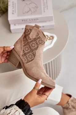 Damskie buty S.Barski Botki Skórzane|Botki Na Słupku*Ażurowe Botki Kowbojki Na Zamek Eko Zamszowe Beżowe S.Barski HY42-944