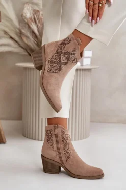 Damskie buty S.Barski Botki Skórzane|Botki Na Słupku*Ażurowe Botki Kowbojki Na Zamek Eko Zamszowe Beżowe S.Barski HY42-944