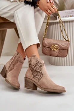 Damskie buty S.Barski Botki Skórzane|Botki Na Słupku*Ażurowe Botki Kowbojki Na Zamek Eko Zamszowe Beżowe S.Barski HY42-944