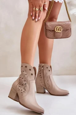 Best Boto Ażurowe Botki Kowbojki Skórzane Na Słupku Lewski 3613 Beżowe