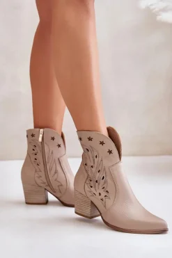 Best Boto Ażurowe Botki Kowbojki Skórzane Na Słupku Lewski 3613 Beżowe