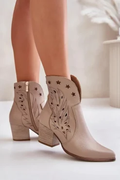 Best Boto Ażurowe Botki Kowbojki Skórzane Na Słupku Lewski 3613 Beżowe