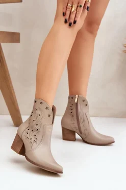Damskie Boto Ażurowe Botki Kowbojki Skórzane Na Słupku Lewski 3613 Ciemnobeżowe