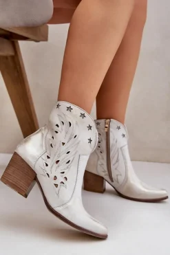 Damskie Boto Ażurowe Botki Kowbojki Skórzane Na Słupku Lewski 3613 Przecierany