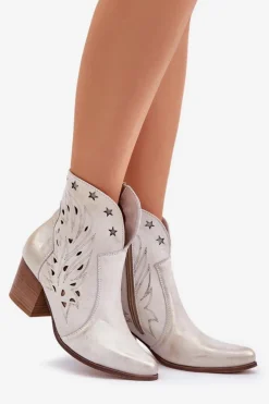 Damskie Boto Ażurowe Botki Kowbojki Skórzane Na Słupku Lewski 3613 Przecierany