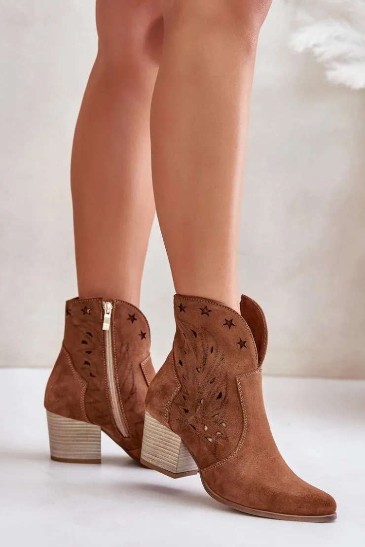 Boto Botki Ażurowe|Brązowe I Beżowe Botki*Ażurowe Botki Kowbojki Zamszowe Na Słupku Lewski 3613 Brązowe