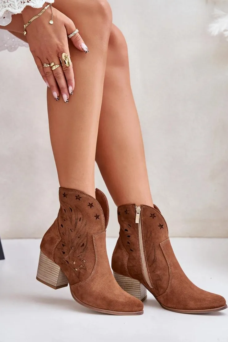 Boto Botki Ażurowe|Brązowe I Beżowe Botki*Ażurowe Botki Kowbojki Zamszowe Na Słupku Lewski 3613 Brązowe