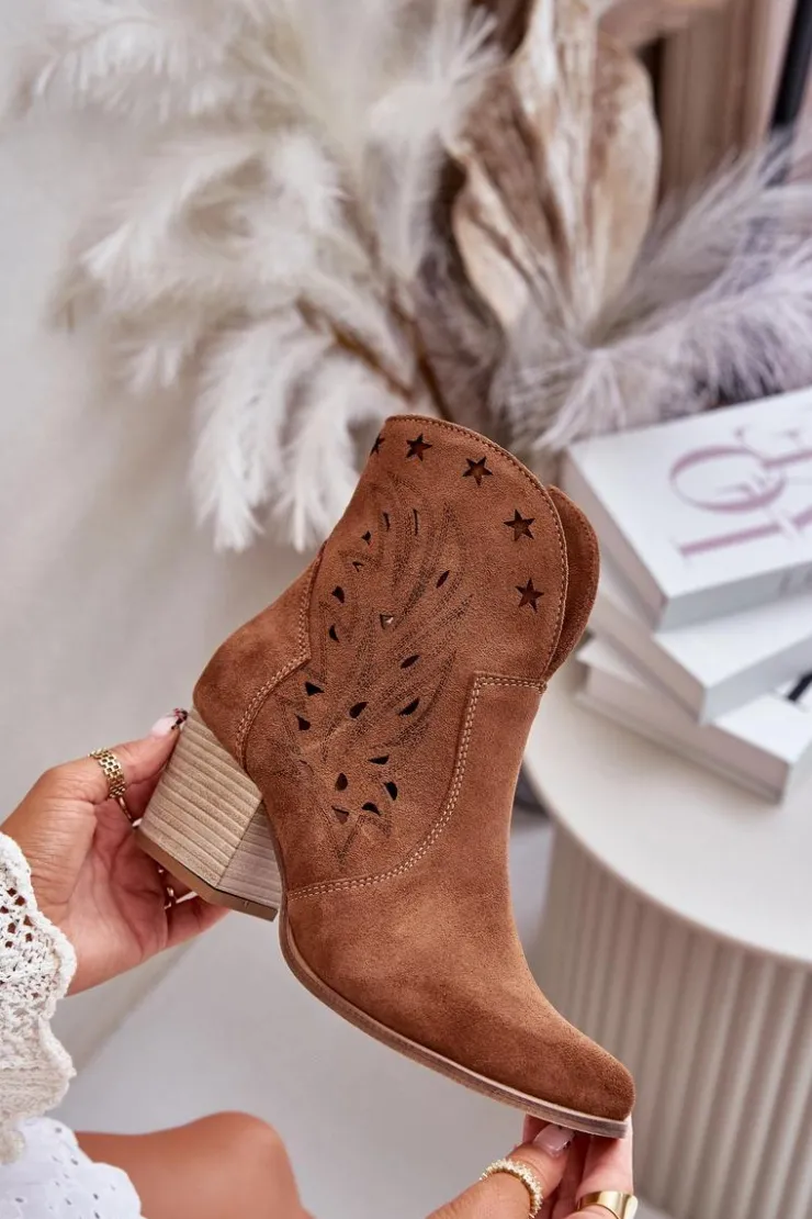 Boto Botki Ażurowe|Brązowe I Beżowe Botki*Ażurowe Botki Kowbojki Zamszowe Na Słupku Lewski 3613 Brązowe