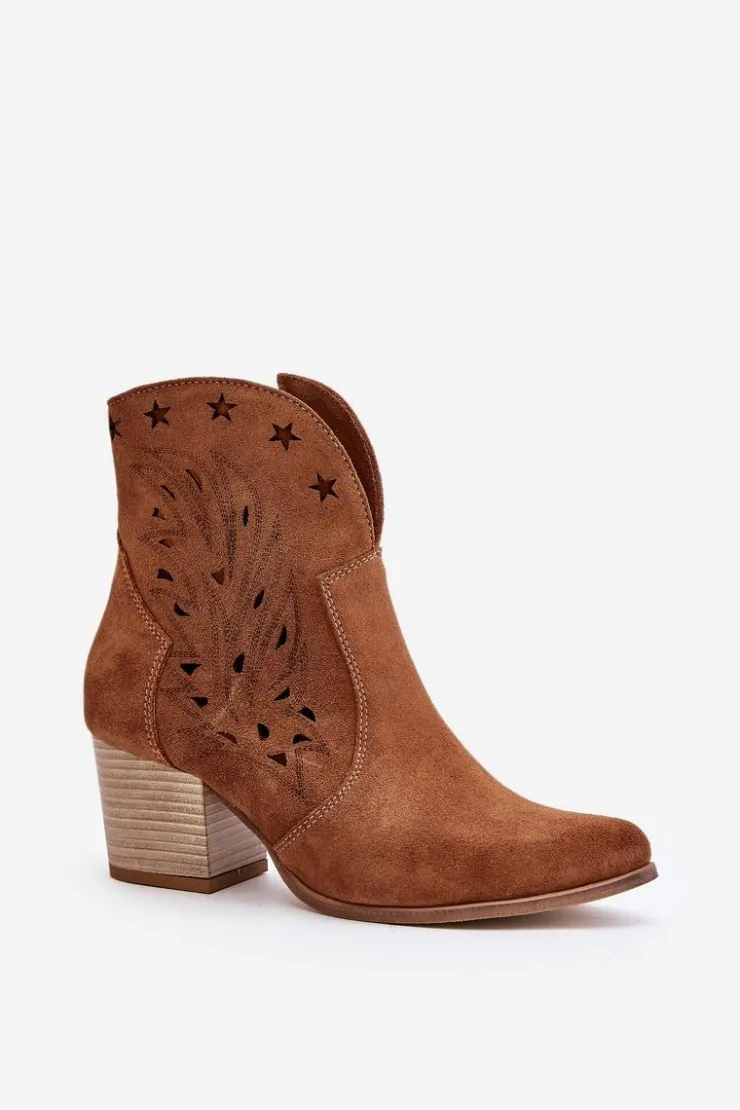Boto Botki Ażurowe|Brązowe I Beżowe Botki*Ażurowe Botki Kowbojki Zamszowe Na Słupku Lewski 3613 Brązowe