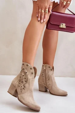 Damskie Boto Ażurowe Botki Kowbojki Zamszowe Na Słupku Lewski 3613 Beżowe