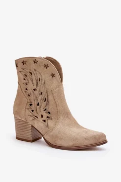 Damskie Boto Ażurowe Botki Kowbojki Zamszowe Na Słupku Lewski 3613 Beżowe