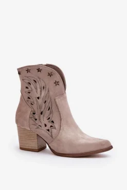 Boto Botki Ażurowe|Brązowe I Beżowe Botki*Ażurowe Botki Kowbojki Zamszowe Na Słupku Lewski 3613 Cappucino