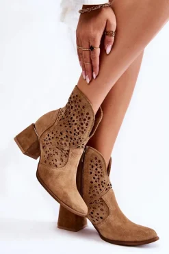 Boto Botki Wiosenne|Botki Na Słupku*Ażurowe Botki Lewski Shoes 3166 Beżowe