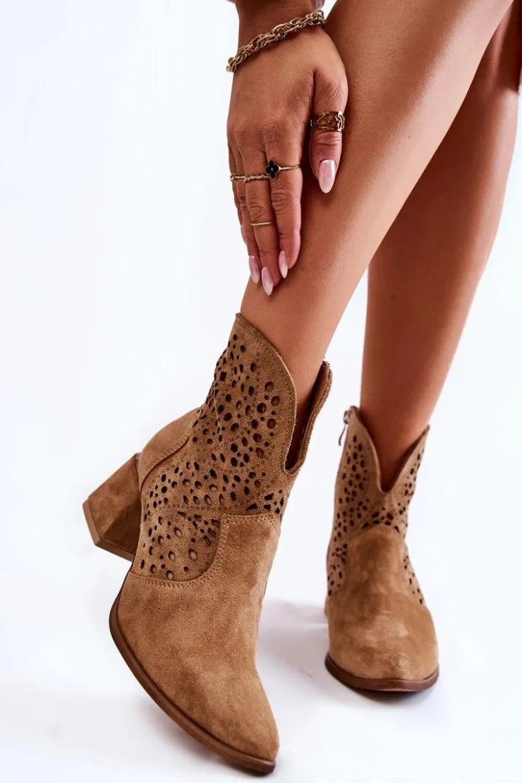 Boto Botki Wiosenne|Botki Na Słupku*Ażurowe Botki Lewski Shoes 3166 Beżowe
