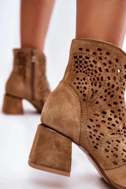 Boto Botki Wiosenne|Botki Na Słupku*Ażurowe Botki Lewski Shoes 3166 Beżowe