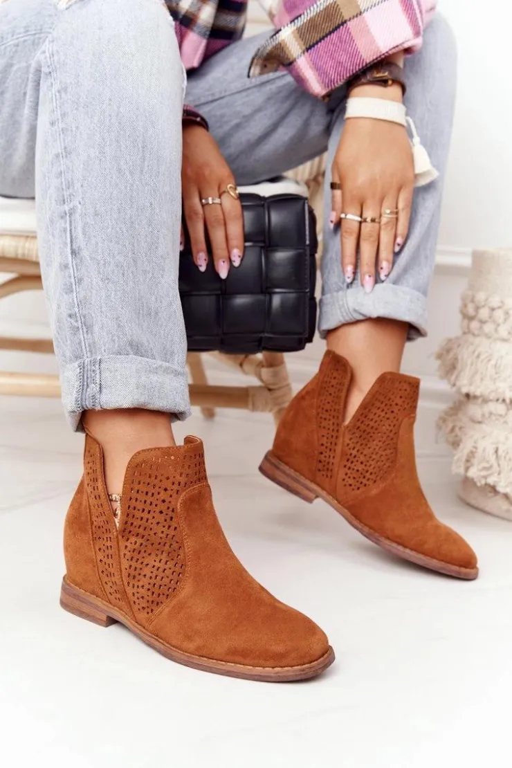 Damskie Damskie buty S.Barski Ażurowe Botki Na Koturnie S.Barski Camel