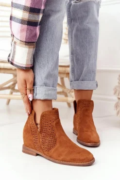 Damskie Damskie buty S.Barski Ażurowe Botki Na Koturnie S.Barski Camel