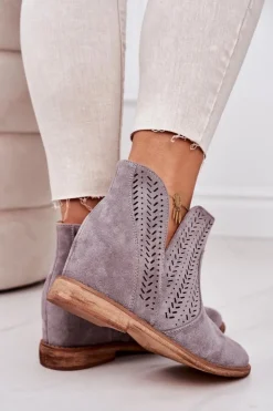 Boto Botki Wiosenne|Botki Na Koturnie*Ażurowe Botki Na Koturnie Szare Melanie