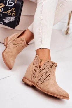 Damskie Boto Ażurowe Botki Na Koturnie Beżowe Melanie