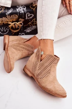 Damskie Boto Ażurowe Botki Na Koturnie Beżowe Melanie