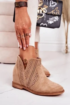 Damskie Boto Ażurowe Botki Na Koturnie Beżowe Melanie
