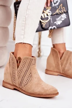 Damskie Boto Ażurowe Botki Na Koturnie Beżowe Melanie