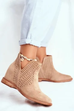 Discount Damskie buty S.Barski Ażurowe Botki Na Koturnie S.Barski Beżowe