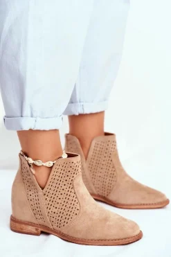 Discount Damskie buty S.Barski Ażurowe Botki Na Koturnie S.Barski Beżowe