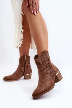 Damskie Buty damskie Vinceza Ażurowe Botki Na Niskim Obcasie Brązowe Cilvana