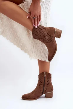 Damskie Buty damskie Vinceza Ażurowe Botki Na Niskim Obcasie Brązowe Cilvana