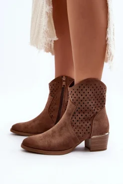 Damskie Buty damskie Vinceza Ażurowe Botki Na Niskim Obcasie Brązowe Cilvana