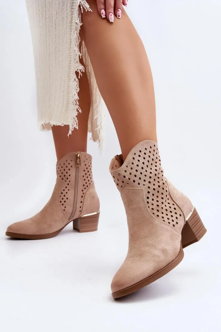 Hot Buty damskie Vinceza Ażurowe Botki Na Niskim Obcasie Beżowe Cilvana