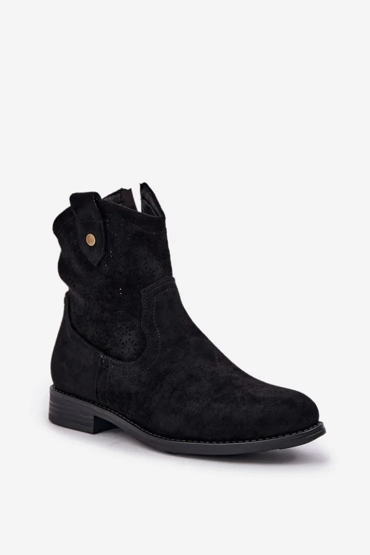 Damskie buty S.Barski Botki Ażurowe|Botki Płaskie*Ażurowe Botki Na Płaskim Obcasie S.Barski HY51-063 Czarne Czarny